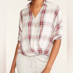 Lou & Grey for Loft red plaid wrap long sleeve top Sz XL